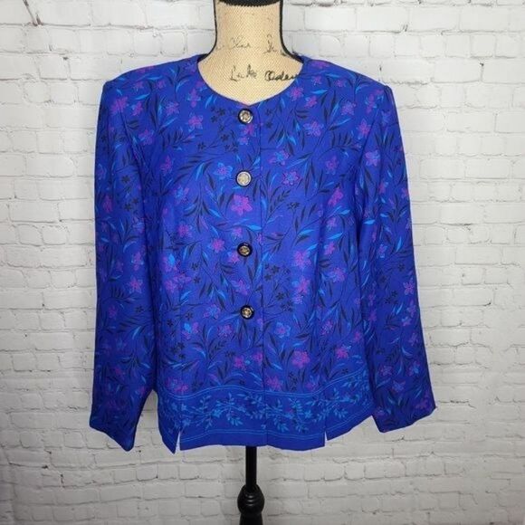Vintage 90s Dark Botanical Cottagecore Purple Leslie Fay Blouson Jacket - Picture 2 of 13